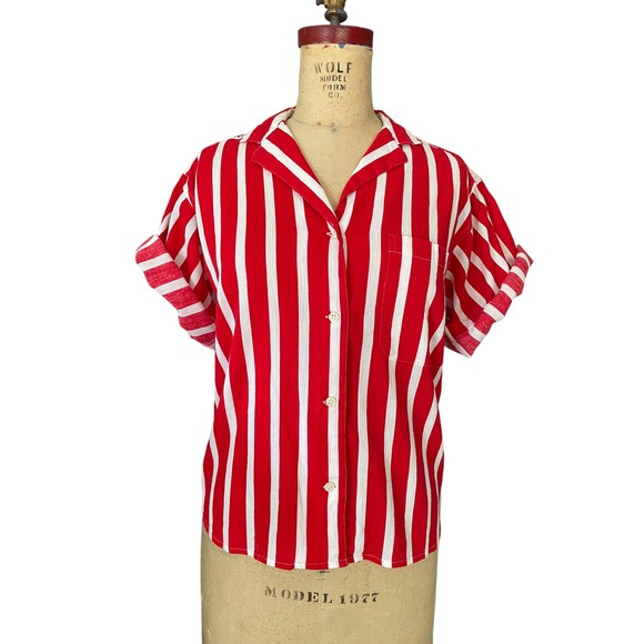 Calvin Klein Womens Button Down Shirt Red Striped Casual Short Sleeve 4 - Picture 1 of 6